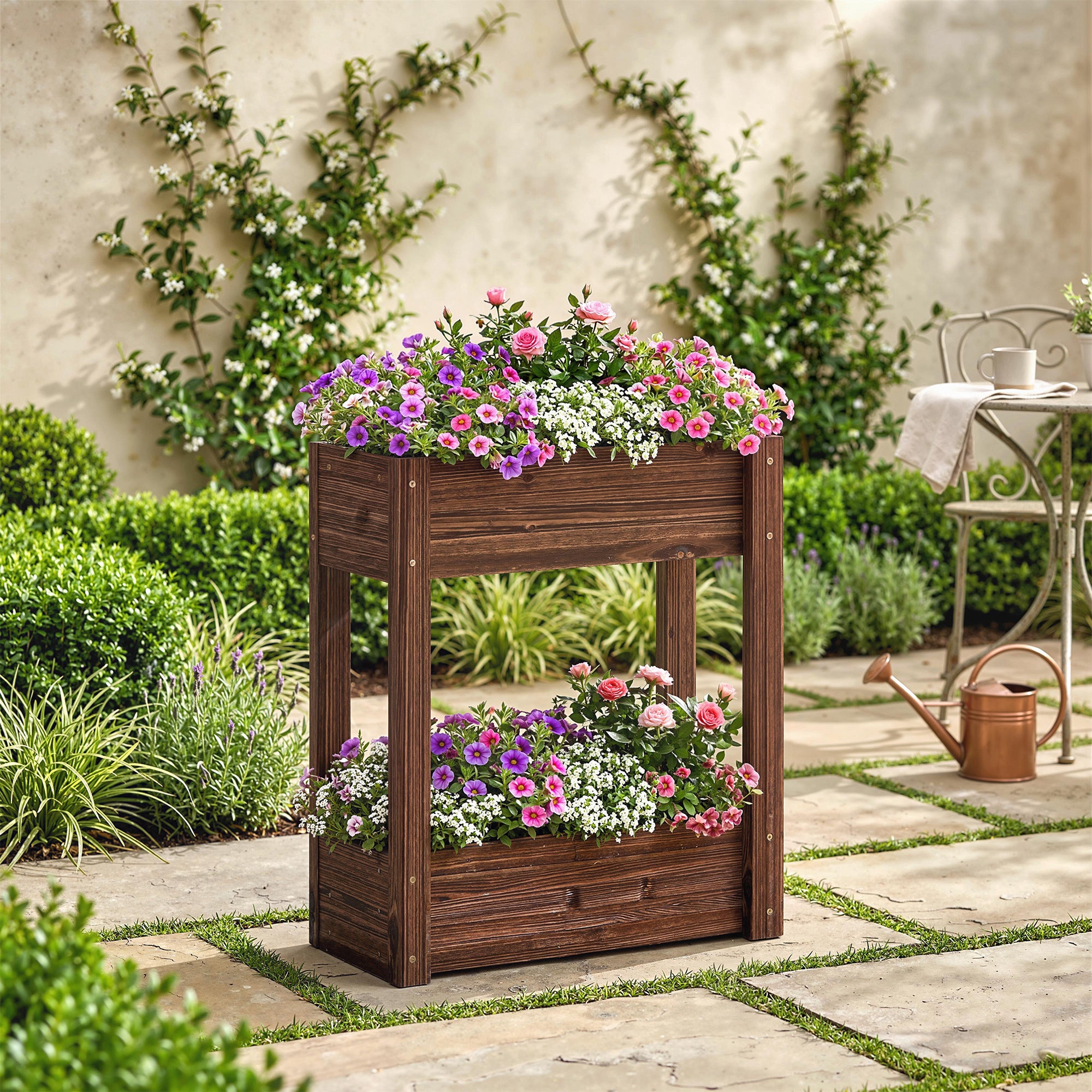 Outsunny 2-Tier Wooden Raised Planter, Raised Garden Bed on Legs with Drainage Holes and Bed Liner, Elevated Garden Planter 