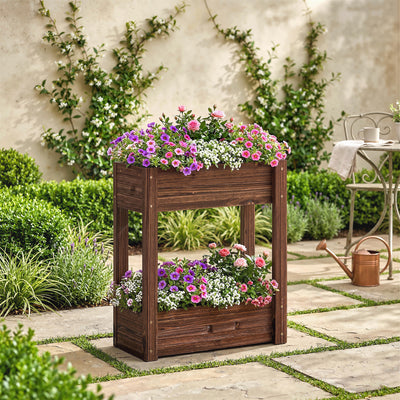 Outsunny 2-Tier Wooden Raised Planter, Raised Garden Bed on Legs with Drainage Holes and Bed Liner, Elevated Garden Planter 