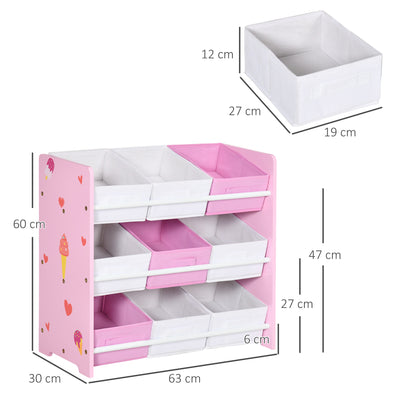 ZONEKIZ Kids Storage Rack, with Nine Removable Baskets, for Nursery, Bedroom, Playroom - Pink 