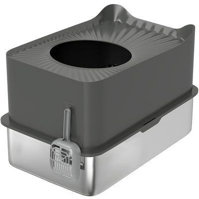 PawHut Stainless Steel Cat Litter Tray, Extra Large Enclosed Litter Box with Scoop, Top Entrance, Non-slip Pads, Dark Grey 