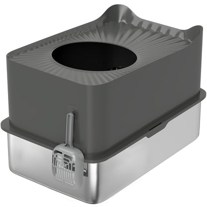 PawHut Stainless Steel Cat Litter Tray, Extra Large Enclosed Litter Box with Scoop, Top Entrance, Non-slip Pads, Dark Grey