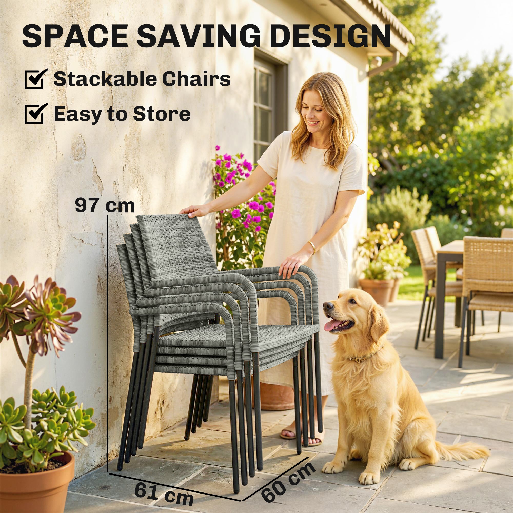 Outsunny 4 Seater Rattan Dining Set with Parasol, 6 Piece Garden Table and Stackable Chairs with Tempered Glass Tabletop 