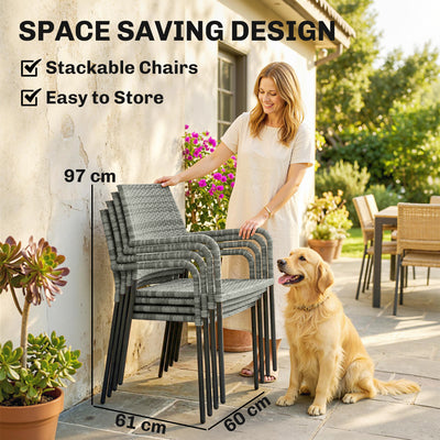 Outsunny 4 Seater Rattan Dining Set with Parasol, 6 Piece Garden Table and Stackable Chairs with Tempered Glass Tabletop 