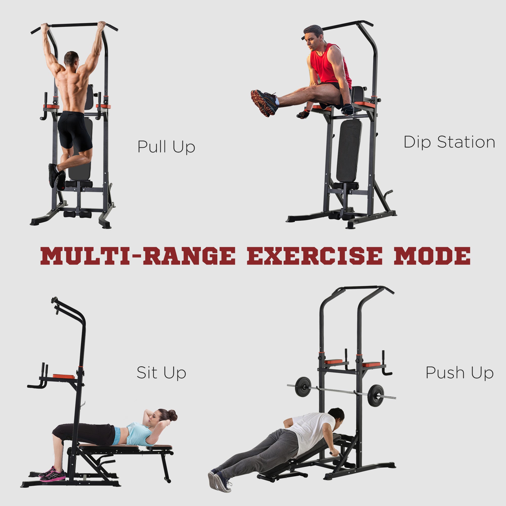 HOMCOM Pull Up Station with Adjustable Weight Bench, Dip Station and Barbell Rack, Multi-Function Power Tower Free Standing Pull Up Bar for Home Gym 
