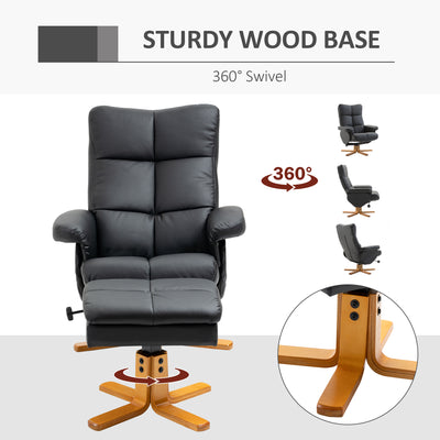 HOMCOM Recliner Armchair, Swivel Reclining Chair With Ottoman, Swivel Faux Leather Chair with Wooden Base and Storage Footstool for Living Room, Black 