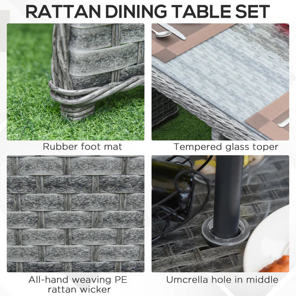 Outsunny 8 Seater Rattan Cube Garden Furniture Set with Parasol Hole, Rattan Dining Set with Cushions, Outdoor Dining Table and Chairs with Square Glass Top Table for Patio, Balcony, Mixed Grey 