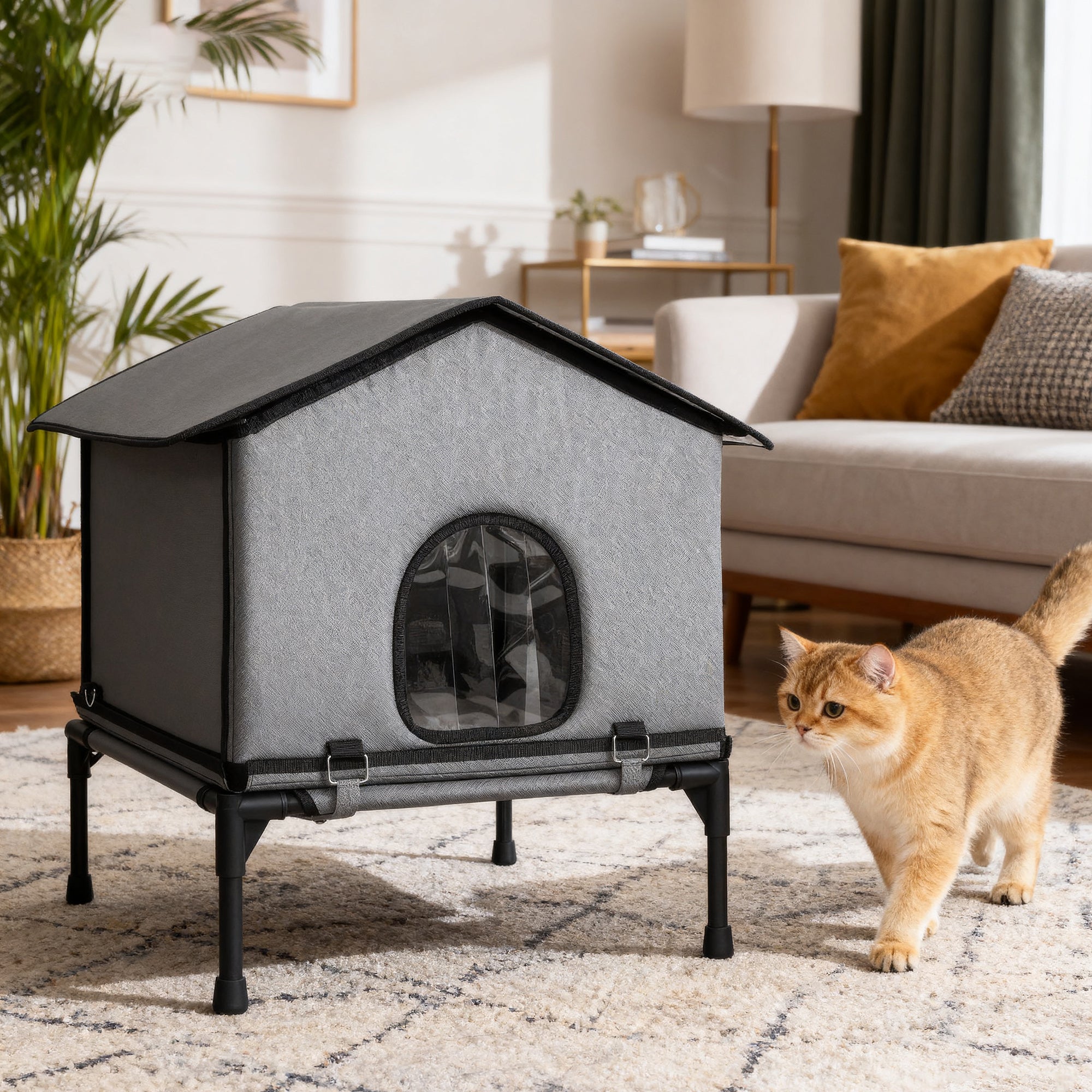PawHut Outdoor Cat House, Waterproof Insulated Cat Kennel with Elevated Base, Foldable Feral Kitty Shelter for Kittens, Grey 