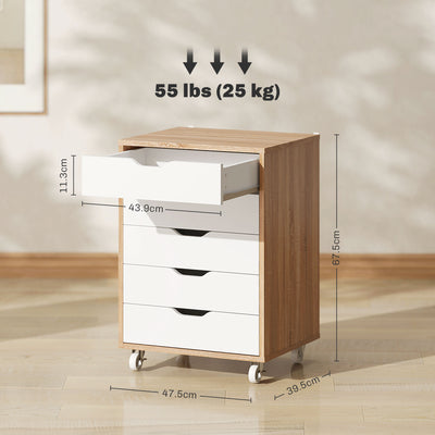 Vinsetto Five-Drawer Filing Cabinet, with Wheels - Oak Brown 