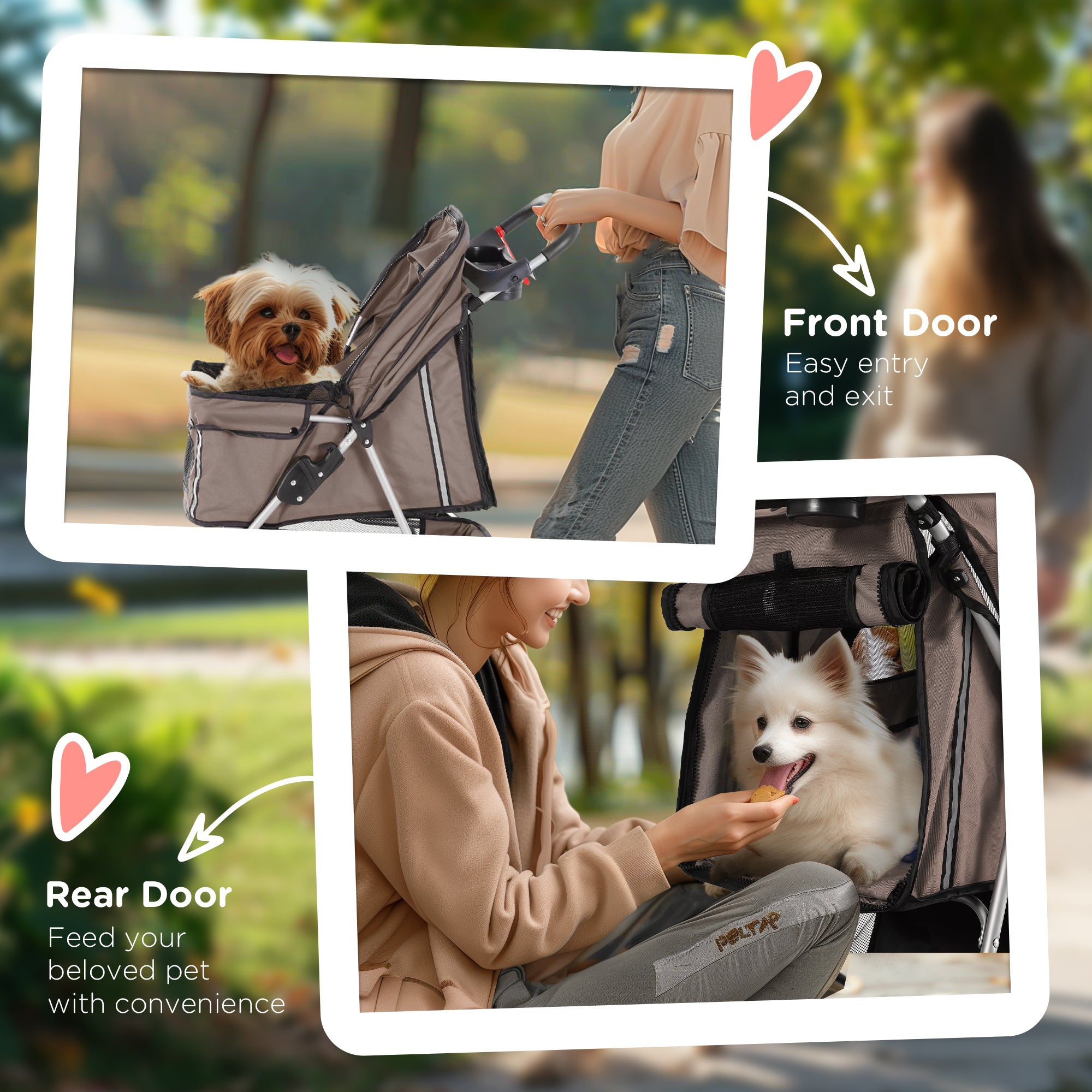 PawHut Dog Stroller, 3 Wheels Foldable Cat Dog Pram with Cup Holder, Storage Basket, Pet Stroller for Small Miniature Dogs, Brown 