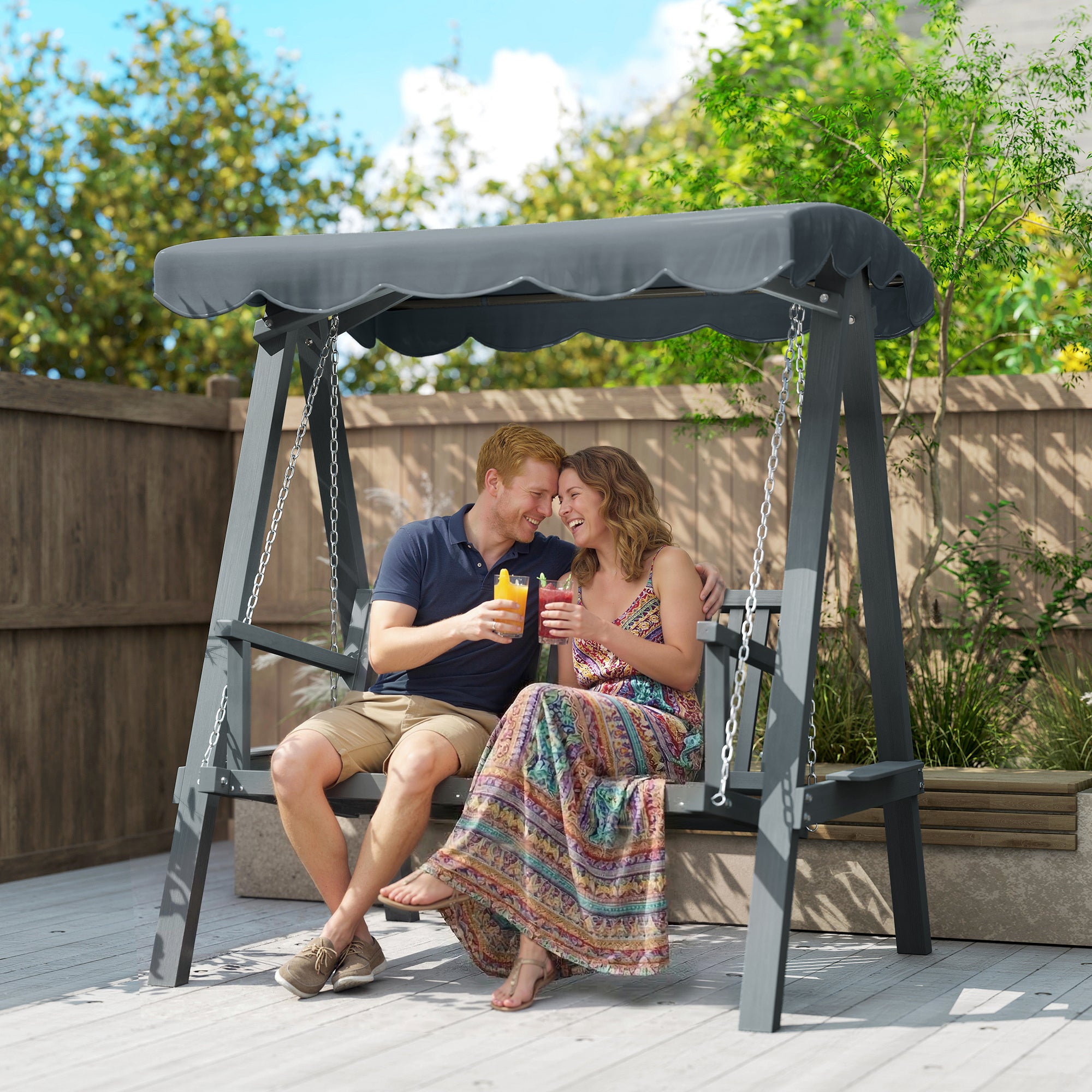 Outsunny 2 Seater Garden Swing Seat with Canopy, Wooden Swing Chair, Outdoor Hammock Bench for Balcony Patio Porch, Grey 