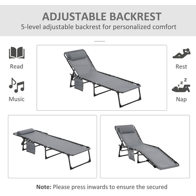 Outsunny Portable Sun Lounger Set of 2, Folding Camping Bed Cot, Reclining Lounge Chair 5-position Adjustable Backrest with Side Pocket, Pillow for Patio Garden Beach Pool, Grey 