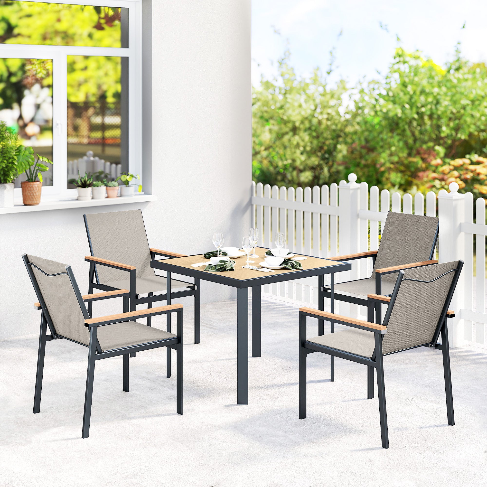 Outsunny Five-Piece Metal Dining Set, with Glass-Top Table - Khaki 
