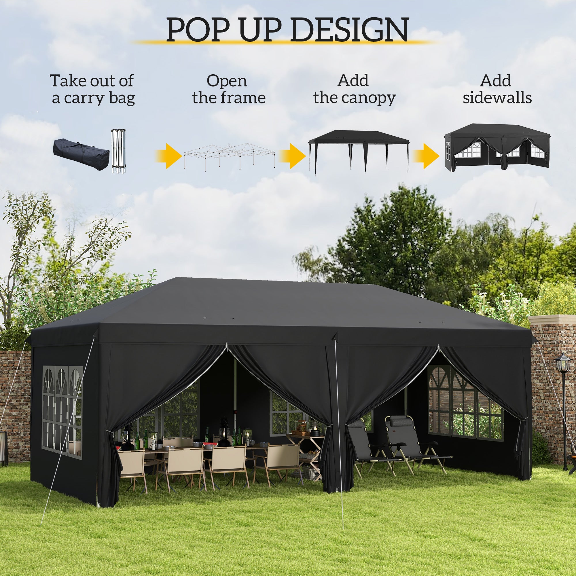 Outsunny 3 x 6 m Pop Up Gazebo with Sides and Windows, Height Adjustable Wedding Camping Party Tent Canopy Marquee with Storage Bag for Garden, Event, Black