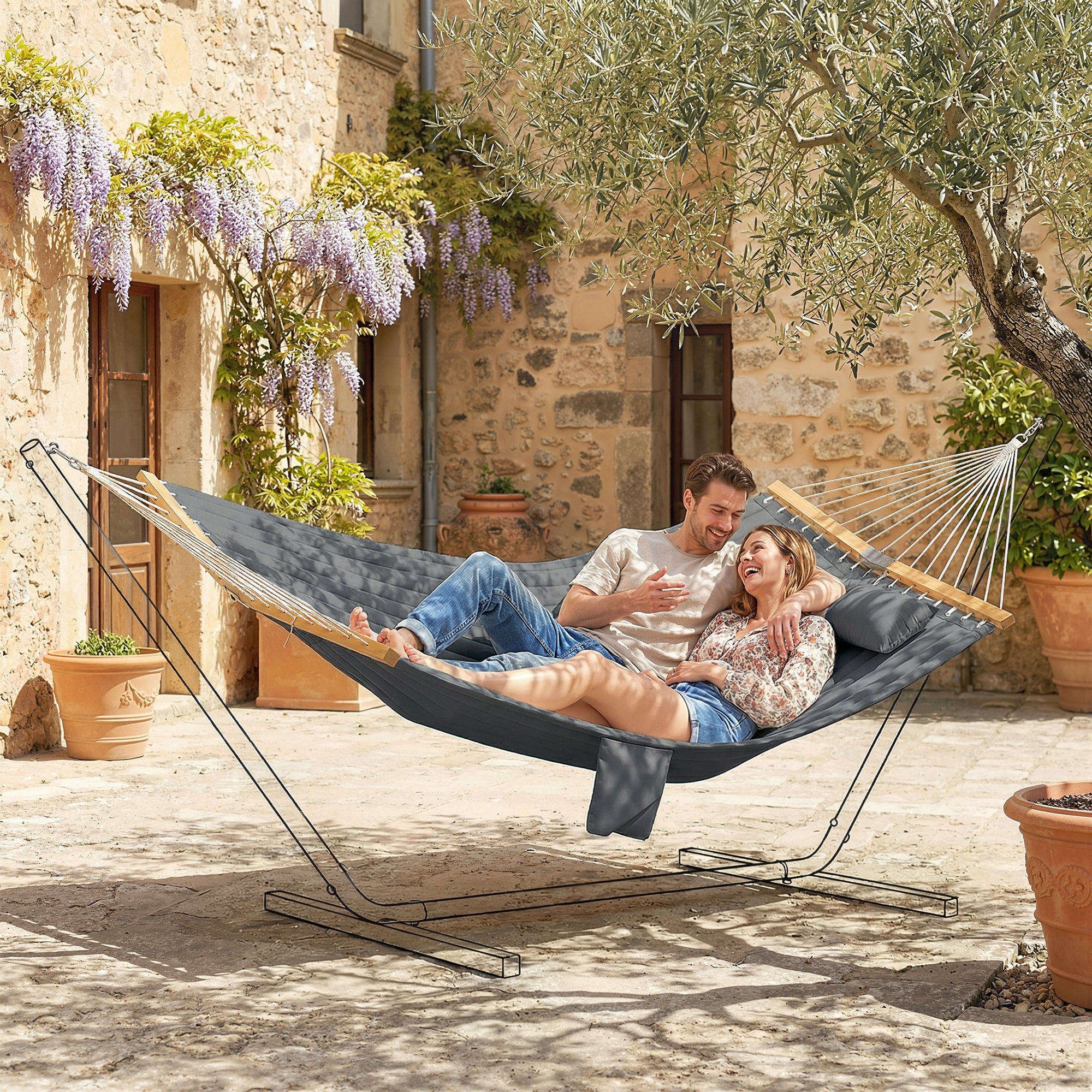 Outsunny Double Hammock 2 Person Swing Bed with Spreader Bars, Pillows, Pad, 200 x 140cm, Grey 