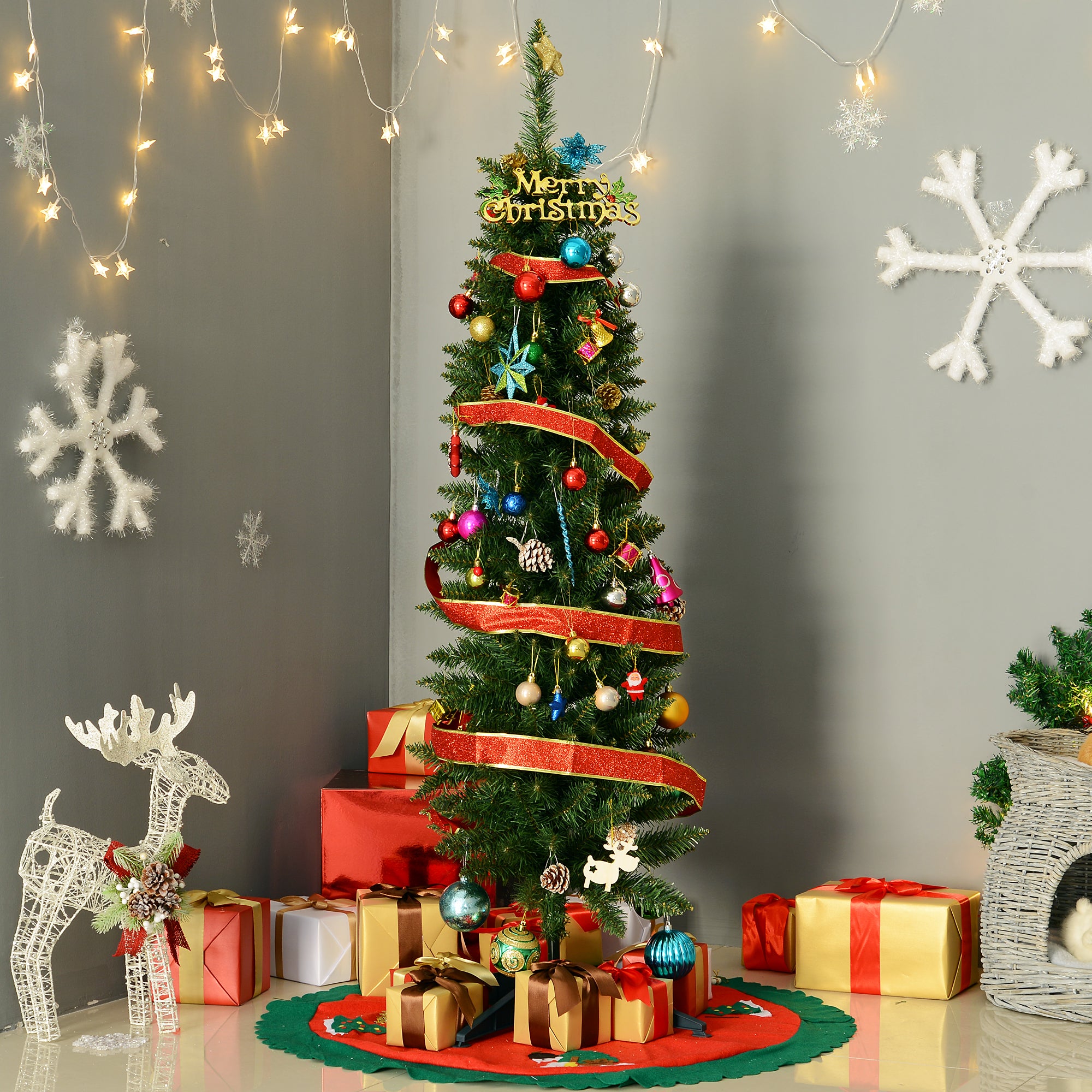 HOMCOM 5ft Unlit Artificial Christmas Tree, Pencil Slim Xmas Tree with Solid Stand and Realistic Branches, Green 
