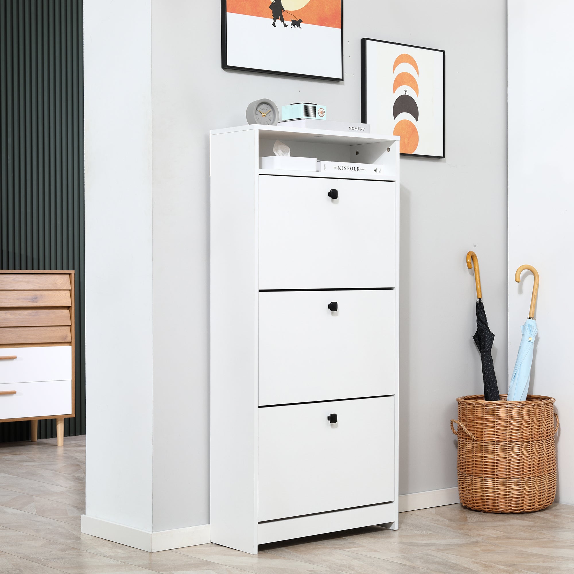 HOMCOM Narrow Shoe Cabinet with 3 Flip Doors, 14-18 Pairs Shoe Cupboard with Open Shelf for Slim Hallway and Entryway, 24 x 60 x 132 cm, White 