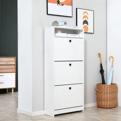 HOMCOM Narrow Shoe Cabinet with 3 Flip Doors, 14-18 Pairs Shoe Cupboard with Open Shelf for Slim Hallway and Entryway, 24 x 60 x 132 cm, White 