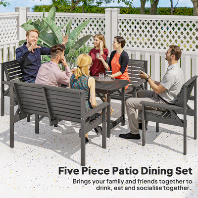 Outsunny 5 Piece Wooden Garden Dining Set for 6, Outdoor Conversation Set with 2 Armchairs, 2 Loveseats and Dining Table with Umbrella Hole for Patio, Balcony, Grey 