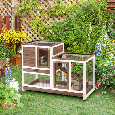 PawHut Two-Tier Rabbit Hutch Pet Cage, with Wheels - Brown 