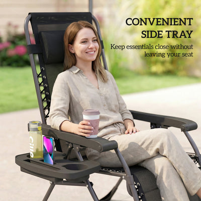 Outsunny Zero Gravity Chairs Set of 2, Folding Sunloungers Reclining Garden Chairs with Cup Holder, Headrest, Black 