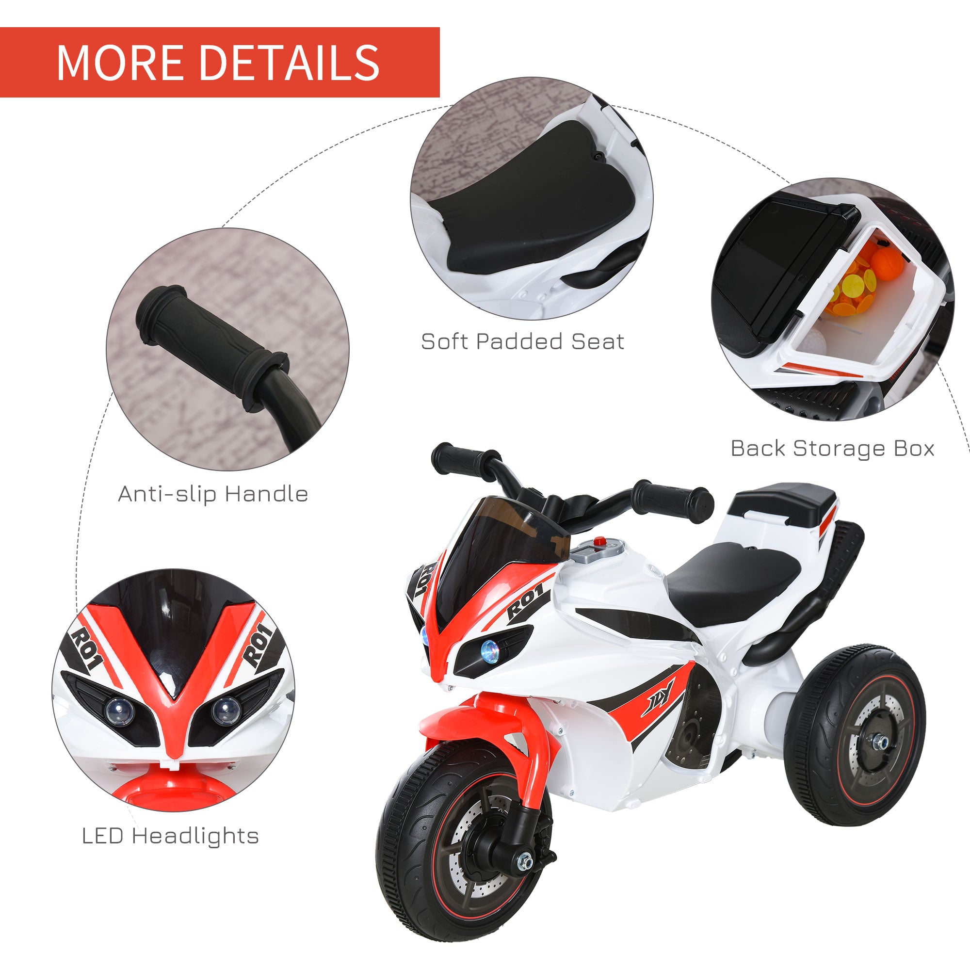 HOMCOM Kids Ride-On Police Bike 3-Wheel Vehicle w/ Music Lights Safe Seat Handlebars Toddler NO POWER Child Learning Fun Development 18-36 Months White 