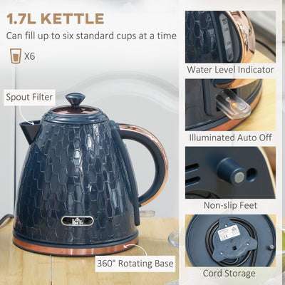 HOMCOM 1.7L 3000W Fast Boil Kettle & 2 Slice Toaster Set, Kettle and Toaster Set with Auto Shut Off, Browning Controls, Blue 