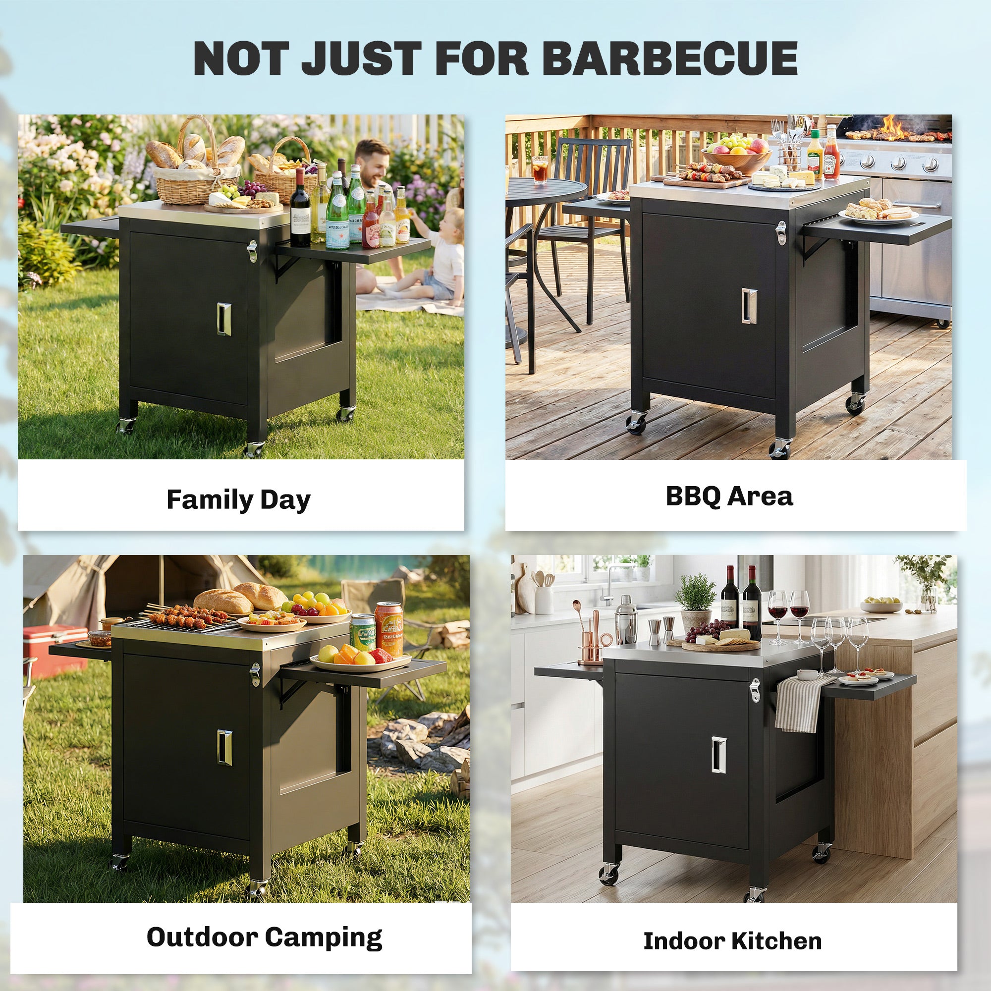 Outsunny Outdoor Grill Cart with Stainless Steel Tabletop, BBQ Table with a Cabinet, Towel Holder, Bottle Opener, Black 
