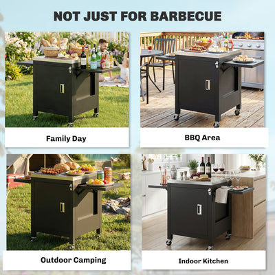 Outsunny Outdoor Grill Cart with Stainless Steel Tabletop, BBQ Table with a Cabinet, Towel Holder, Bottle Opener, Black 