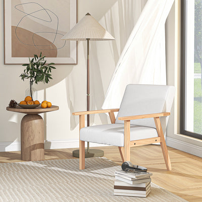 HOMCOM Accent Chair Wood Frame with Thick Linen Cushions Wide Seat Armchair Home Furniture Bedroom Office Cream White 