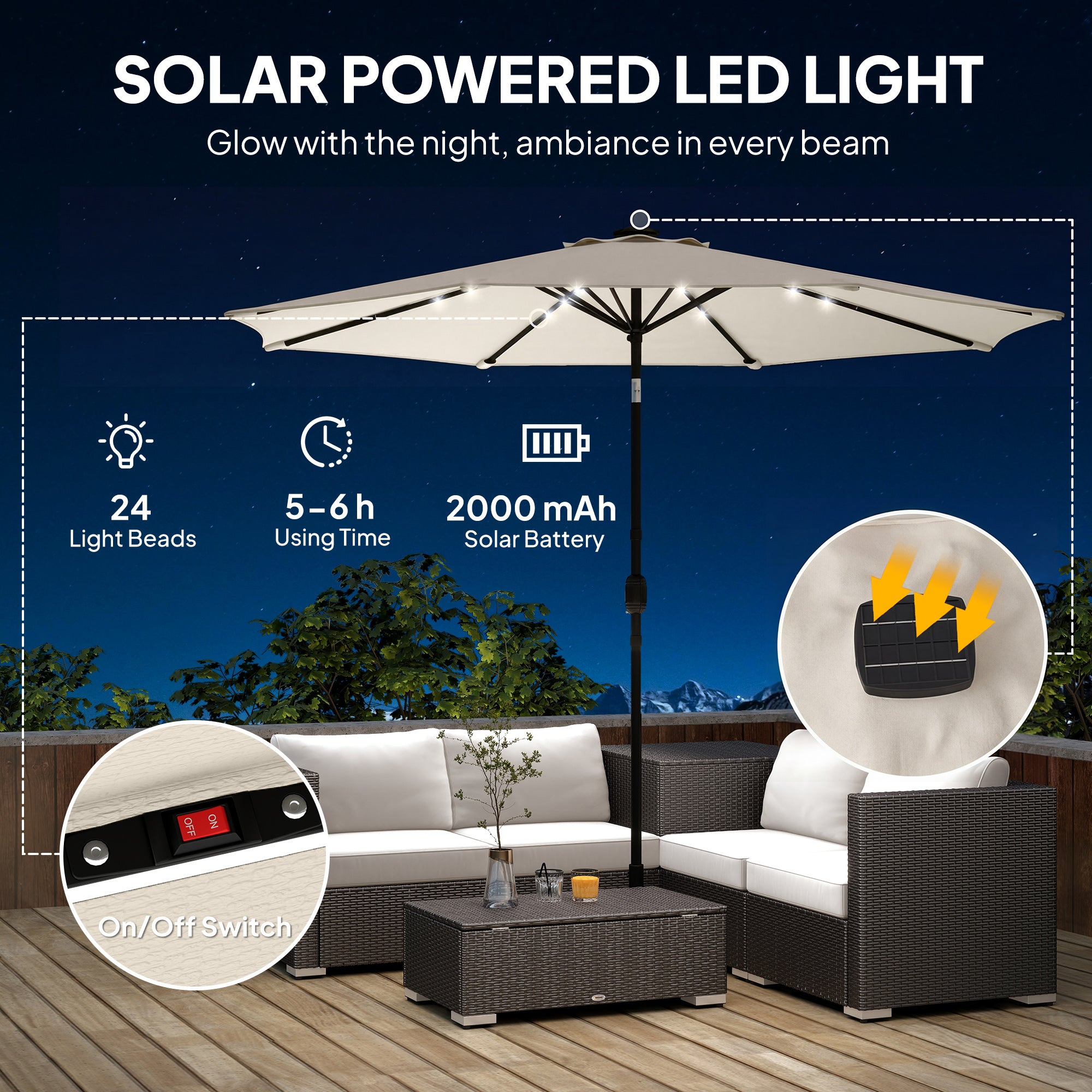 Outsunny 2.6 m Garden Parasol Umbrella with LED Solar Light, Parasol Cover, Outdoor Market Patio Umbrella, Cream White 