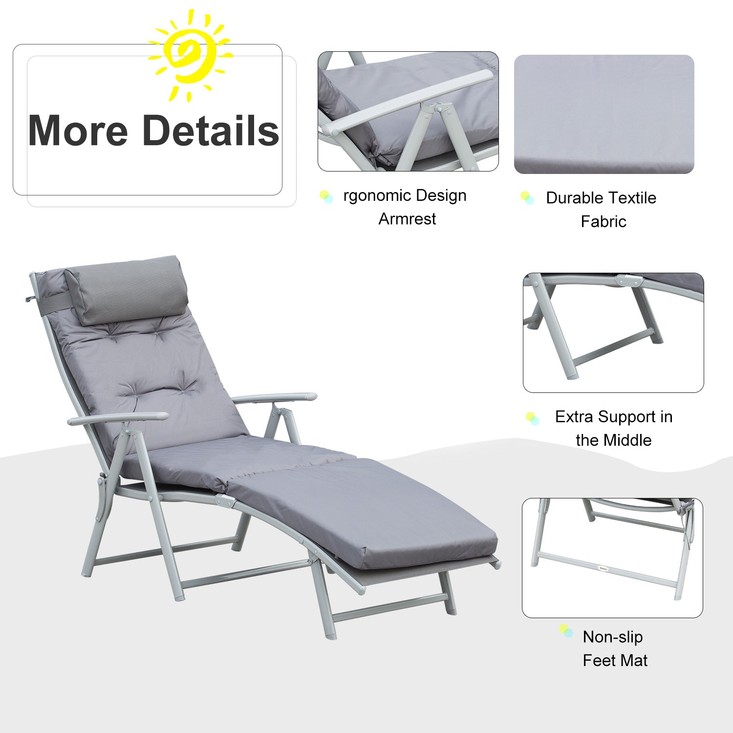 Outsunny Steel Frame Outdoor Garden Padded Sun Lounger w/ Pillow Grey 