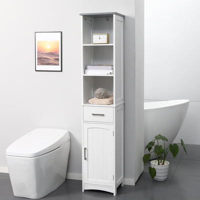 kleankin Tall Bathroom Storage Cabinet with 3 Tier Shelf, Cupboard, Drawer, Door, Freestanding Linen Tower, Slim Side Organizer, White 
