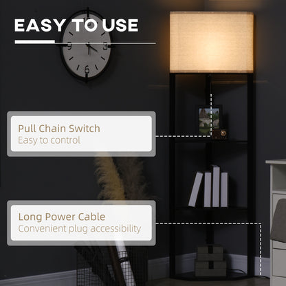 HOMCOM Corner Floor Lamp with Shelves, Modern Tall Standing Lamps for Living Room, Bedroom, with Chain Switch Bulb not Included, Black 