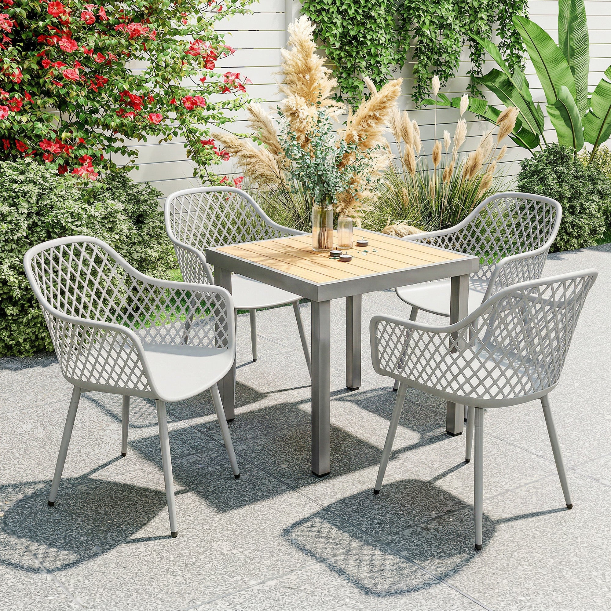 Outsunny Garden Chairs Set of 4, Garden Dining Chairs with Cut Out Diamond Back and Armrests for Patio, Balcony, Terrace, Grey 
