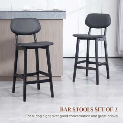 HOMCOM Set of Two Wooden Classic Bar Stools, with Faux Leather Seats - Black 
