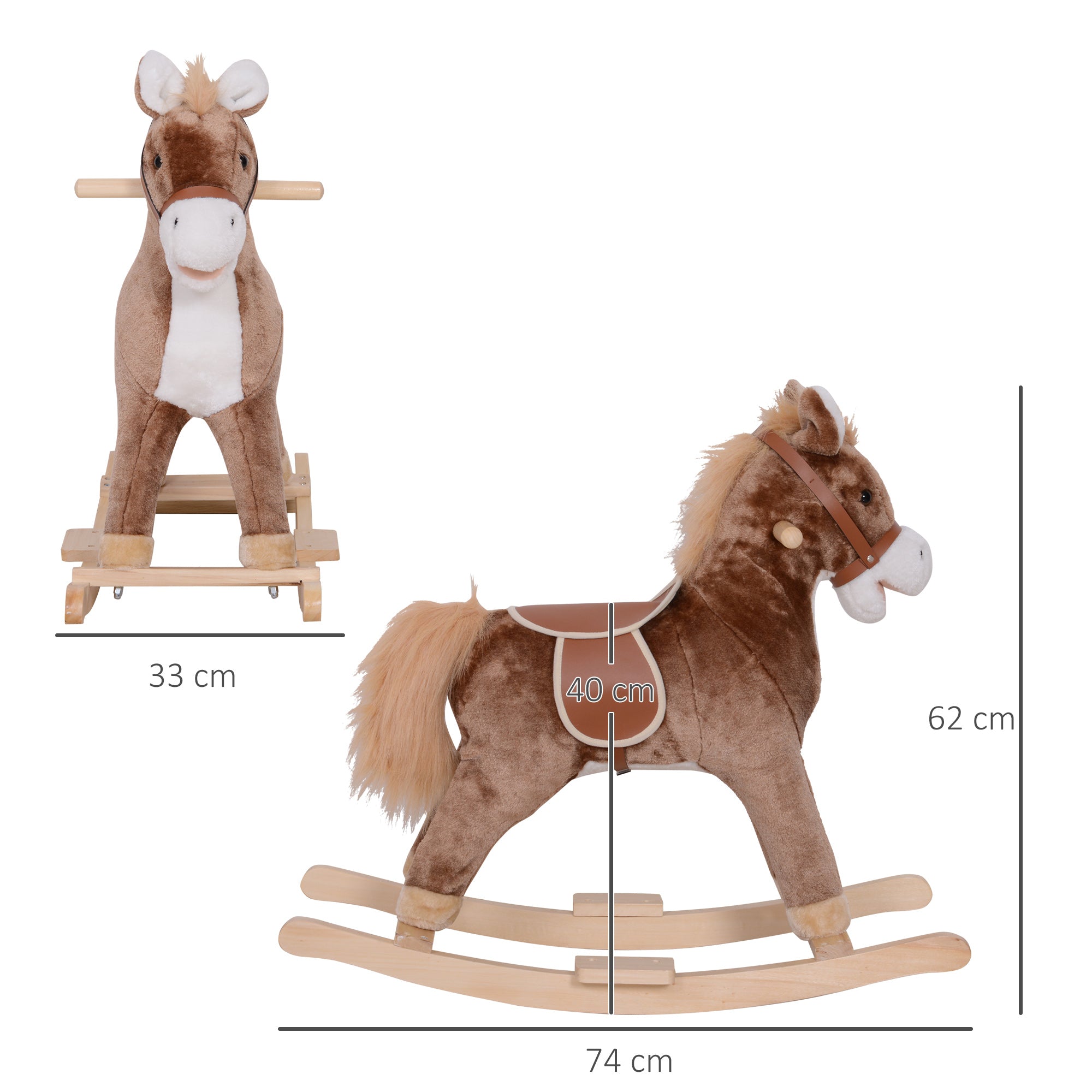 HOMCOM Kids Children Plush Rocking Horse Wooden Base Ride On Toy Rocker with Handle Grip Traditional Toy Fun Gift for Age 3+ (Brown & White) 