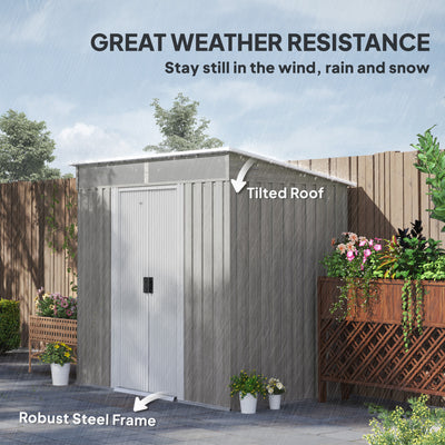 Outsunny 6.5 x 4FT Galvanised Metal Shed with Foundation Kit, Lockable Tool Garden Shed with Double Sliding Doors, Vents, Light Grey Wood Effect 
