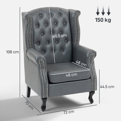 HOMCOM Wingback Accent Chair Tufted Chesterfield-style Armchair with Nail Head Trim for Living Room Bedroom Grey 
