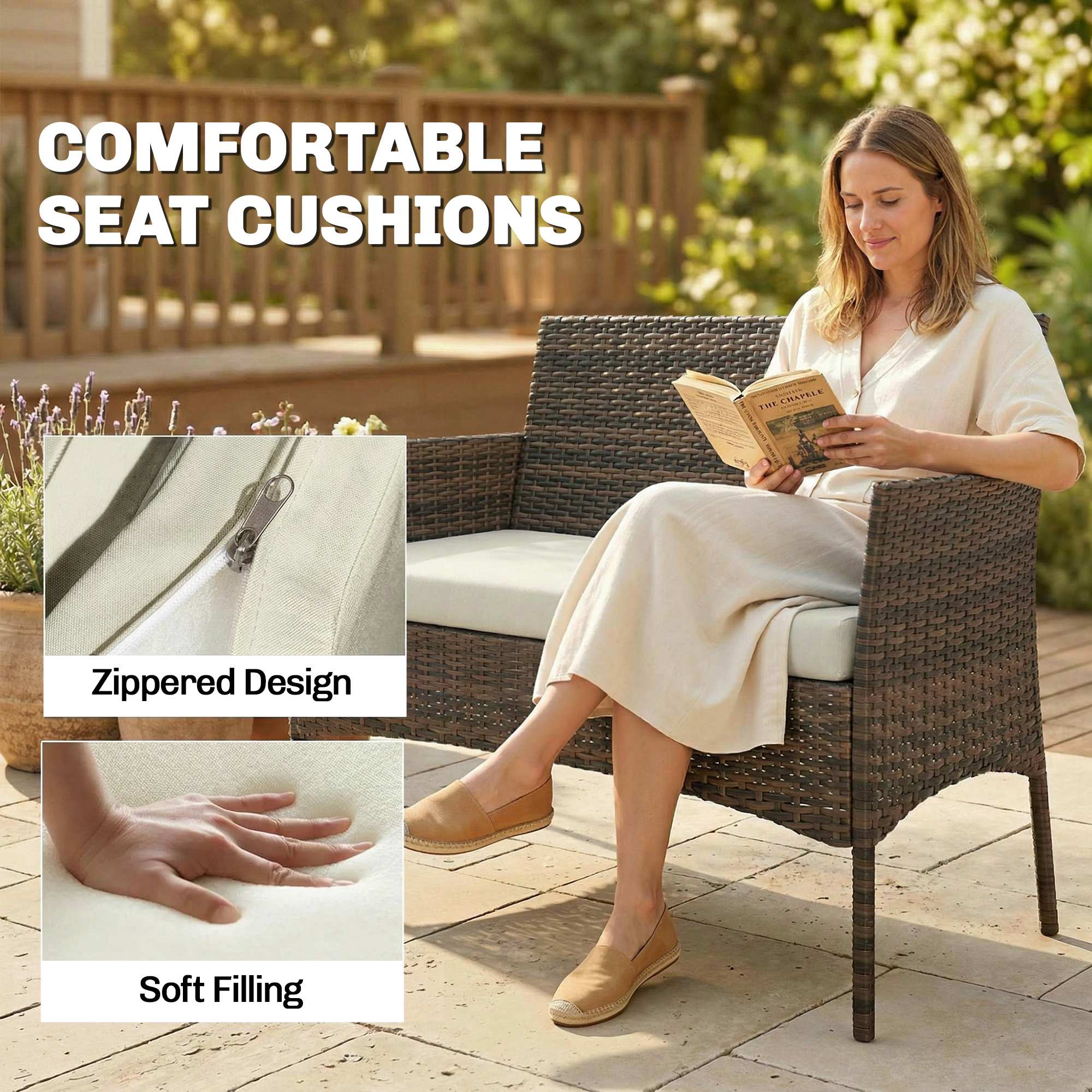 Outsunny 4 Piece Rattan Garden Furniture Sofa Set with Loveseat, Armchairs, Glass-Top Coffee Table and Cushions, Brown 