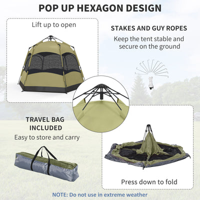 Outsunny Six Man Hexagon Camping Tent with Hang Hook and Carry Bag - Dark Green and Light Grey 