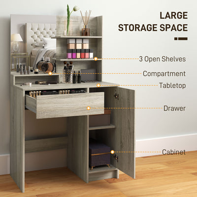 HOMCOM Dressing Table and Stool Set, with Storage - Natural Wood Finish