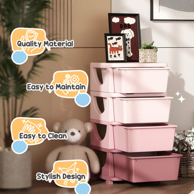 HOMCOM Four-Tier Kids Storage Boxes, with Four Drawers, Pink 