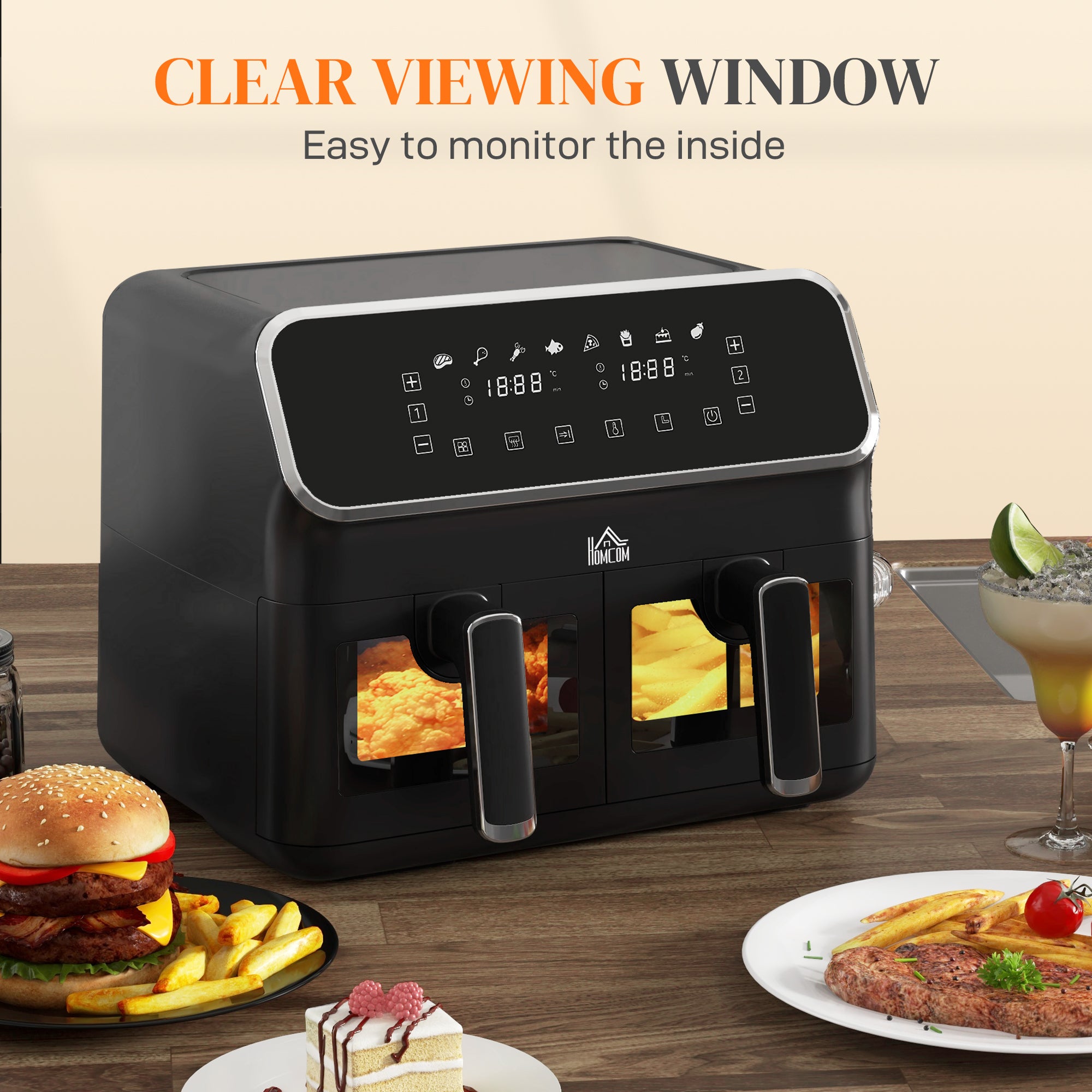 HOMCOM 8L Dual Basket Air Fryer, 80-200\'e2\'84\'83, with Sync Function - Black/Silver