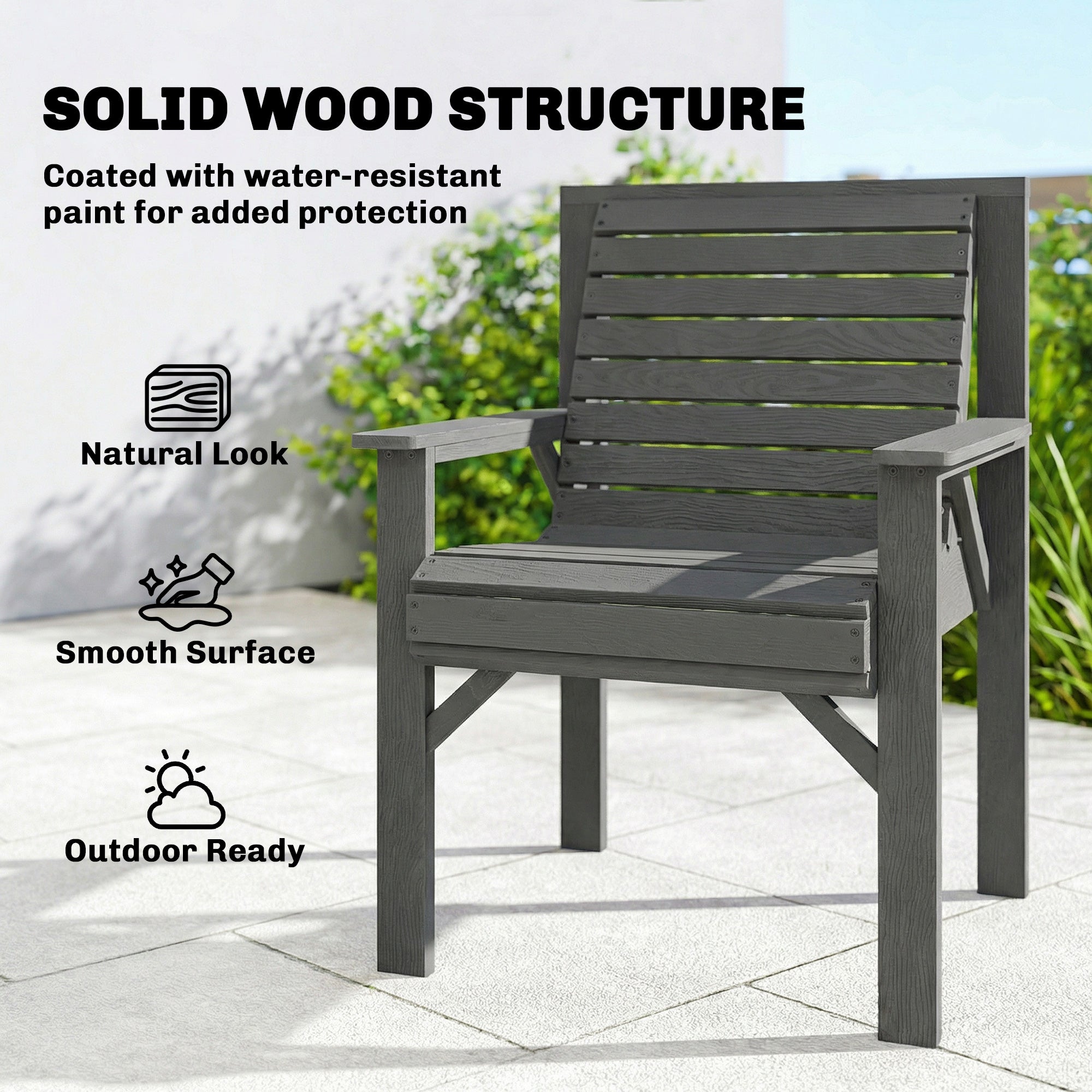 Outsunny Wooden Garden Dining Chair, Outdoor Chair Garden Armchair with Curved Seat and Wide Armrests, Grey Embossed Finish 