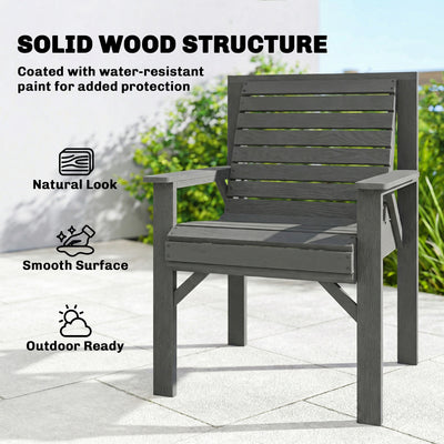 Outsunny Wooden Garden Dining Chair, Outdoor Chair Garden Armchair with Curved Seat and Wide Armrests, Grey Embossed Finish 