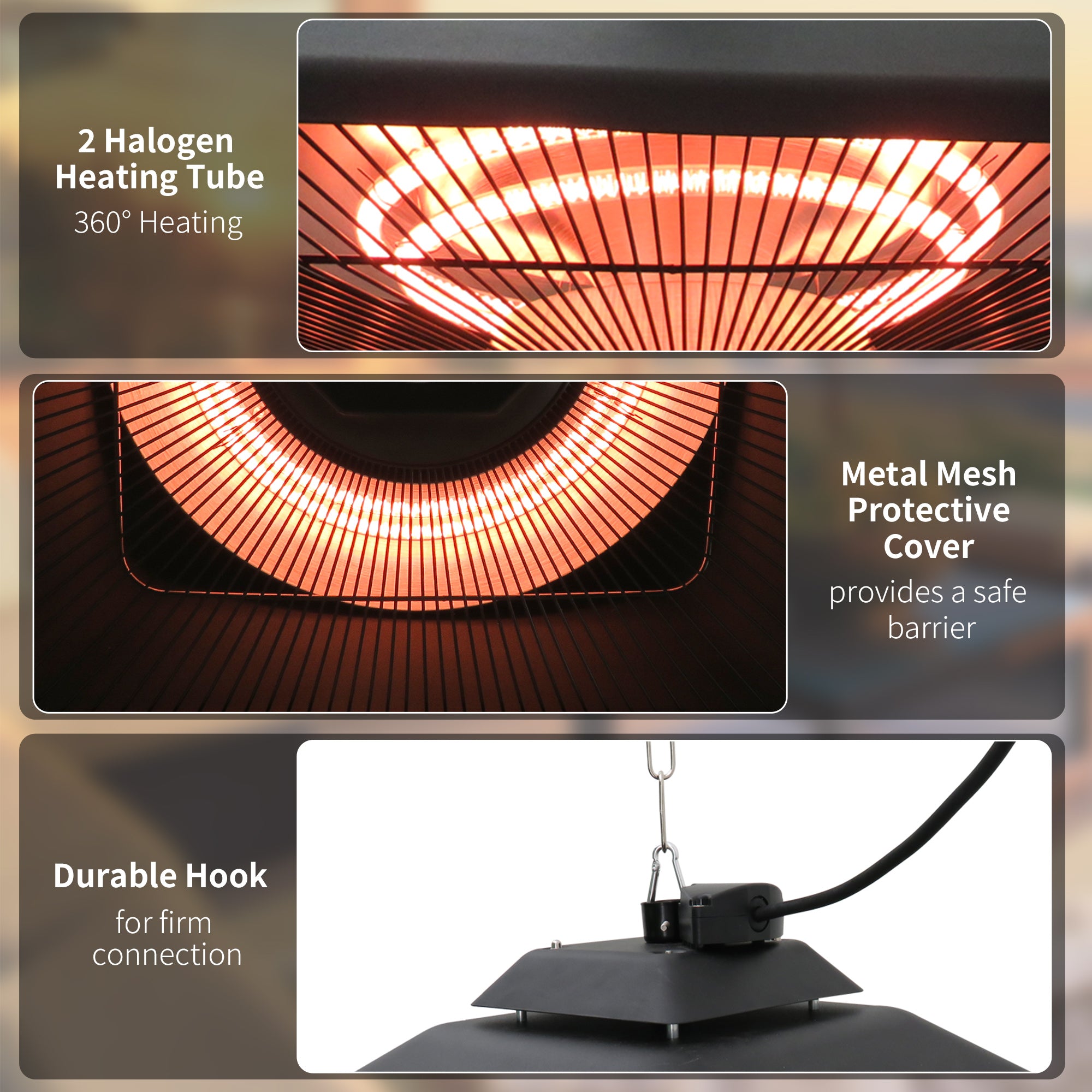 Outsunny Hanging Electric Patio Heater with 2 Power Settings, 1000/2000W Waterproof Ceiling Mounted Aluminium Halogen Infrared Outdoor Heater Warmer with LED Light and Remote Control, Black 