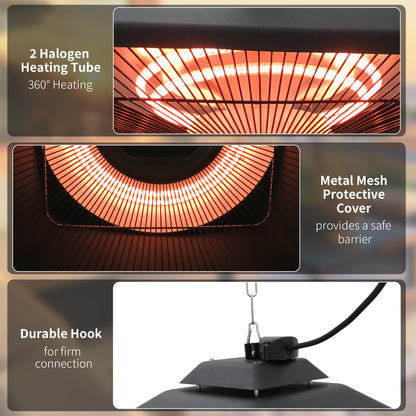 Outsunny Hanging Electric Patio Heater with 2 Power Settings, 1000/2000W Waterproof Ceiling Mounted Aluminium Halogen Infrared Outdoor Heater Warmer with LED Light and Remote Control, Black 