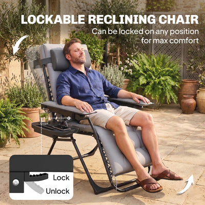 Outsunny Zero Gravity Chair, Folding Sun Lounger Reclining Garden Chair with Arm Pads, Cushion, Cup Holder, Headrest, Light Grey 