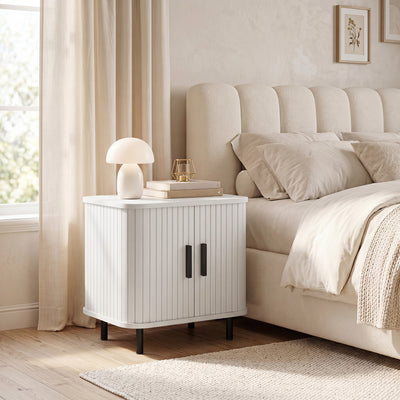 HOMCOM Nightstand with Sliding Doors and Metal Legs White Wood Effect