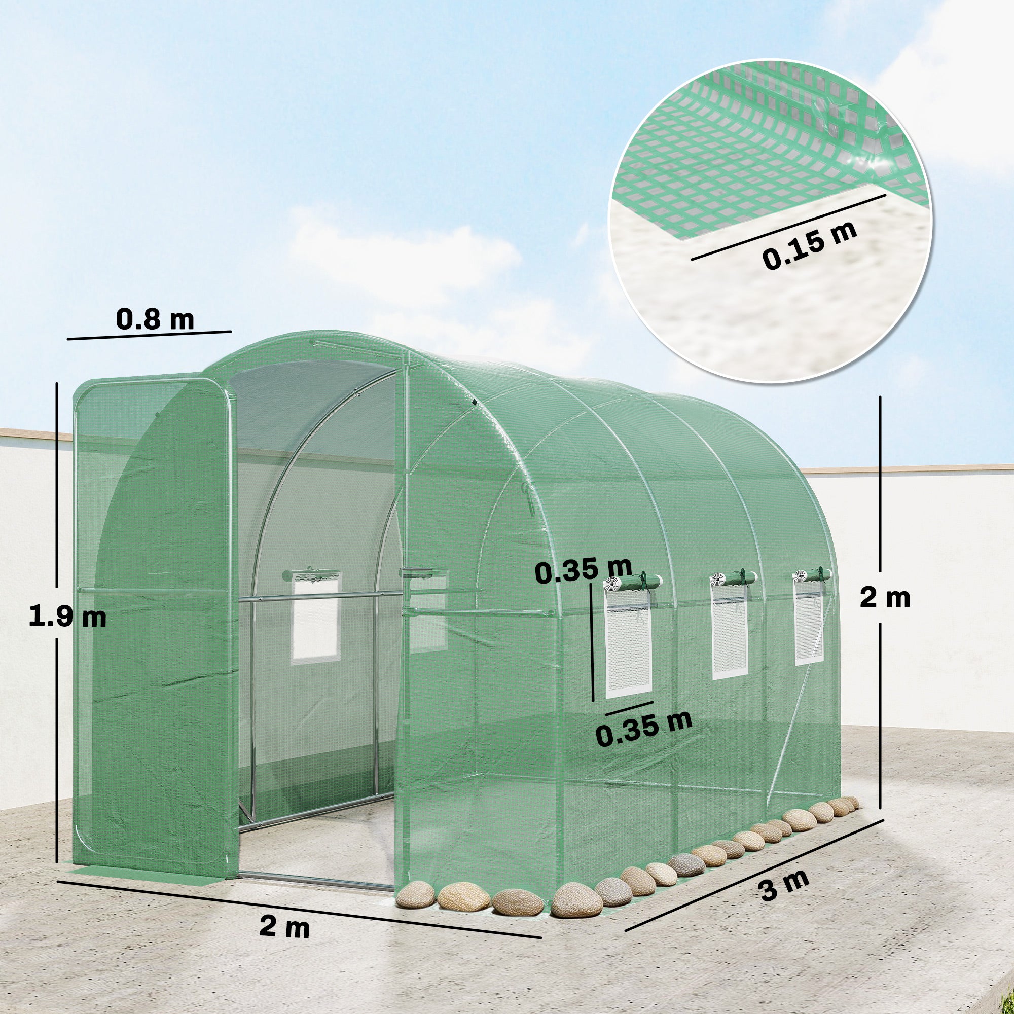 Outsunny 2 x 3 m Walk-in Polytunnel Greenhouse with Hinged Door and 6 Roll Up Mesh Windows, Garden Tunnel Warm House Tent, Green 